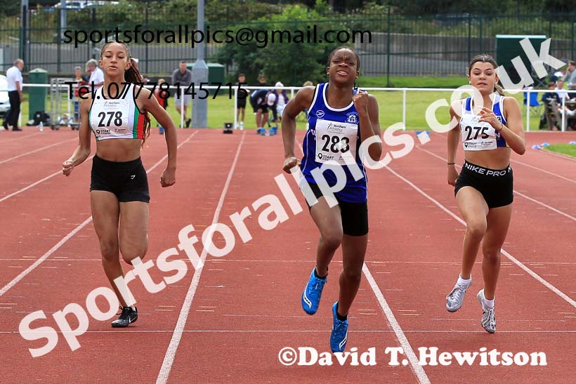 Girls under-15s 100 metres, 2023 Northern Under-13s, Under-15s and Under-17s, Middlesbrough.  Photo: David T. Hewitson/Sports for All Pics